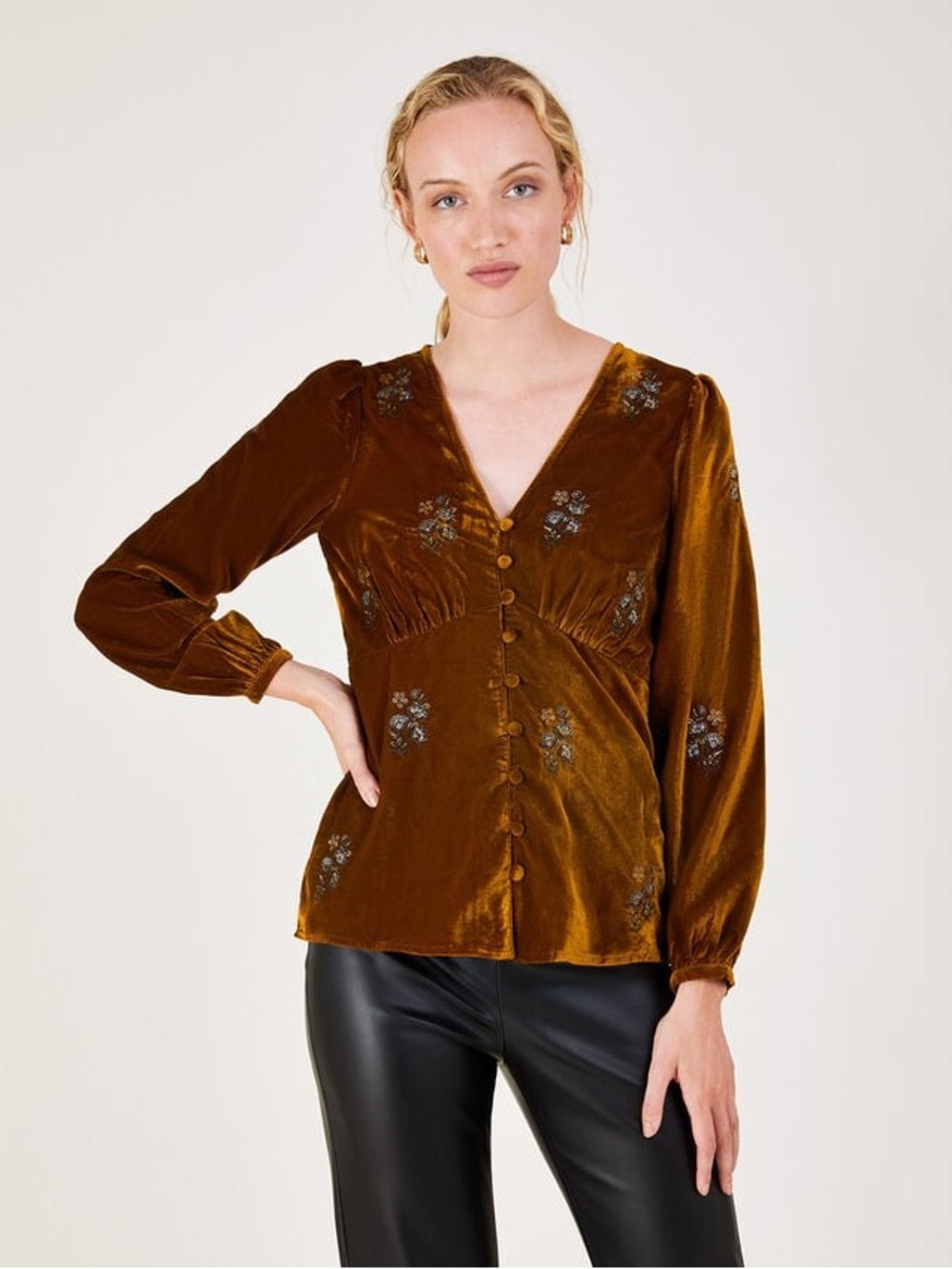 Monsoon Sienna Velvet Embroidered tea Top in Olive sz 20